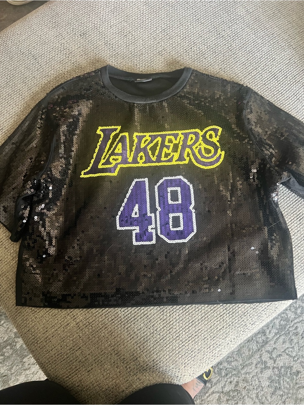 Lakers Sequin Crop Jersey Top - Black with Yellow & Purple Accents